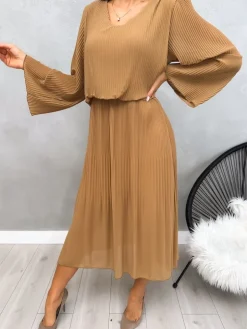 Brązowa Plisowana Sukienka Midi 13192-401-B|Modna Kiecka Fashion