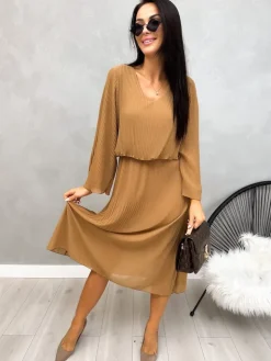 Brązowa Plisowana Sukienka Midi 13192-401-B|Modna Kiecka Fashion