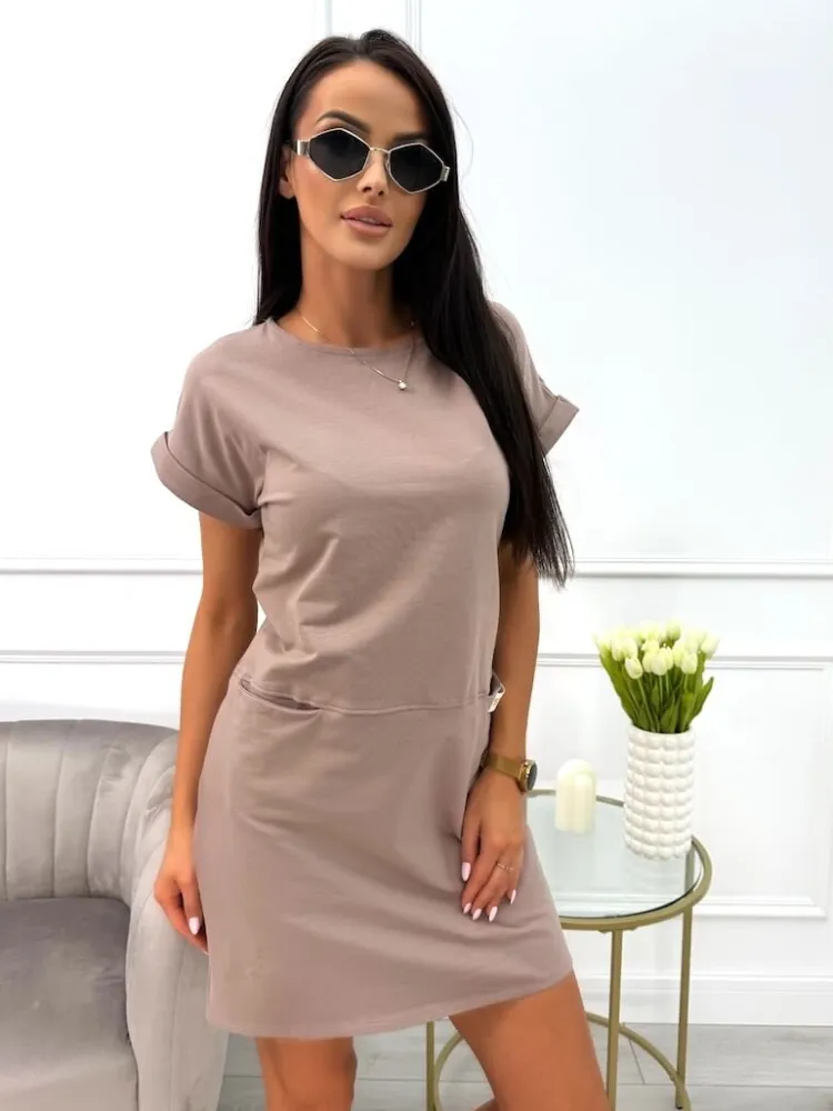 Brązowa Sportowa Sukienka z Kieszeniami 11826-183-H|Modna Kiecka Clearance