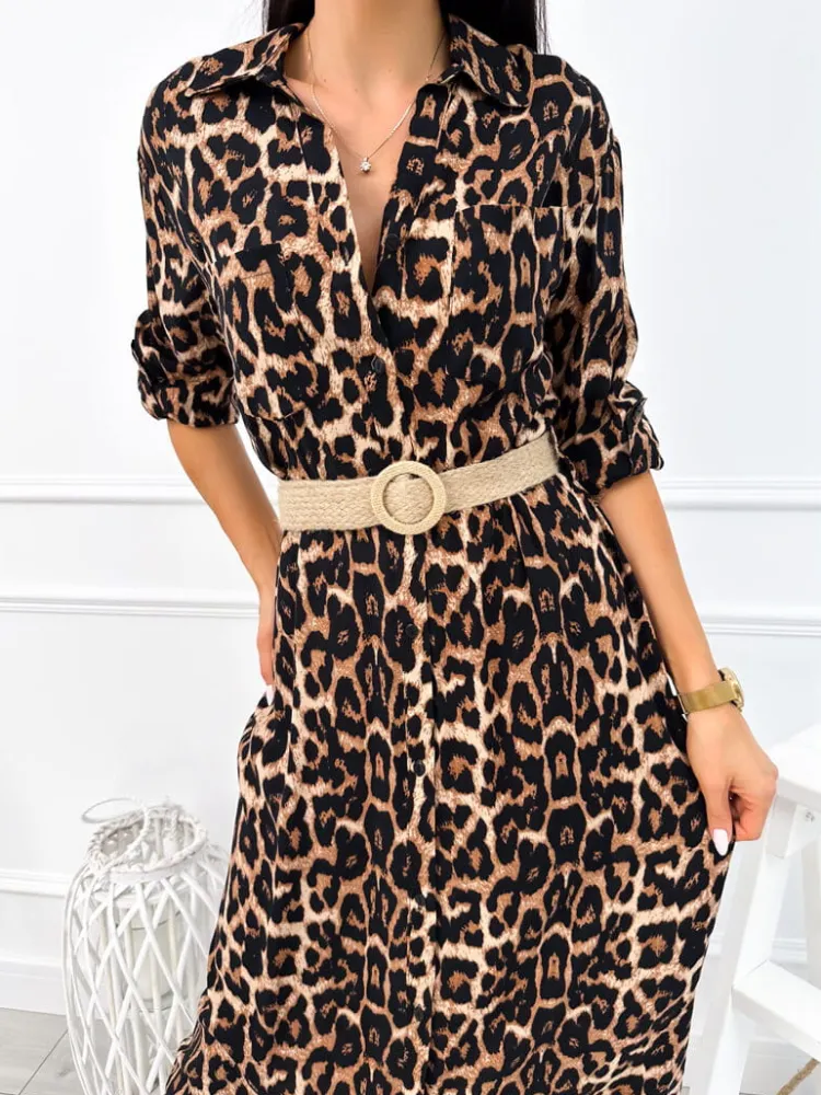 Brązowa Sukienka Midi w Panterkę 12766-241-Q|Modna Kiecka Outlet