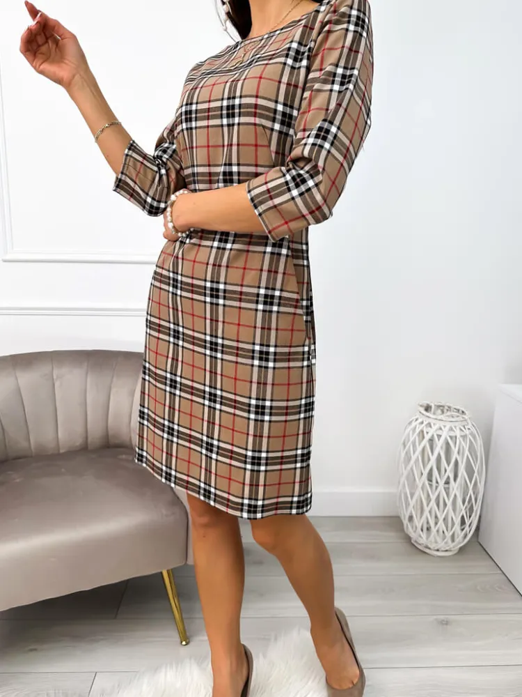 Brązowa Sukienka w Kratę 11172-166-Q|Modna Kiecka Outlet