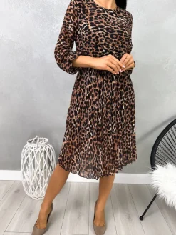 Brązowa Sukienka w Panterkę z Paskiem 13064-95-Q|Modna Kiecka Hot