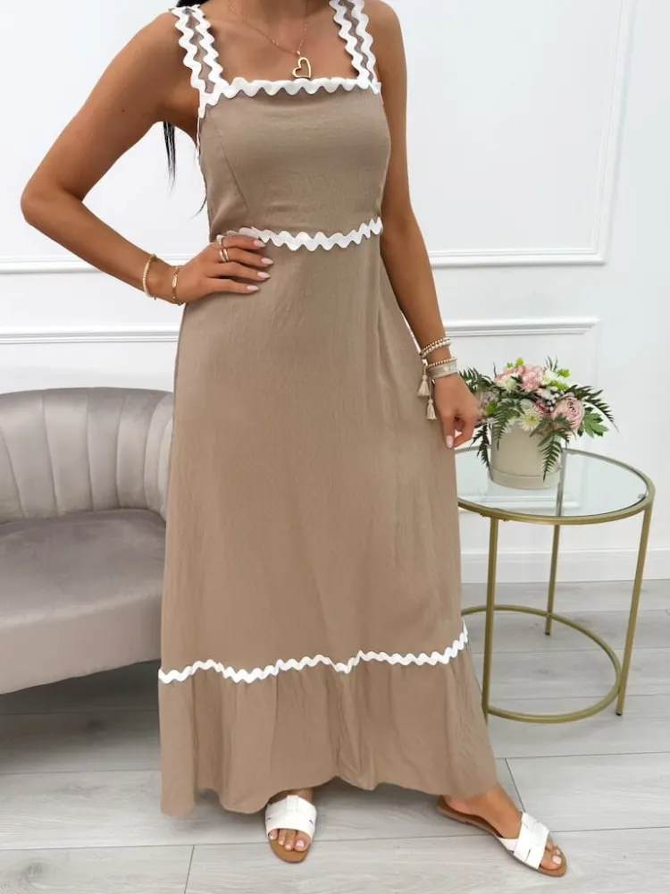 Brązowa Sukienka z Ozdobnymi Ramiączkami 14025-509-B|Modna Kiecka Discount