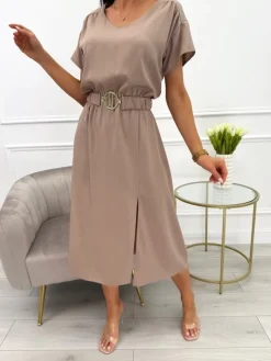 Brązowa Sukienka z Paskiem 12387-406-H|Modna Kiecka Discount