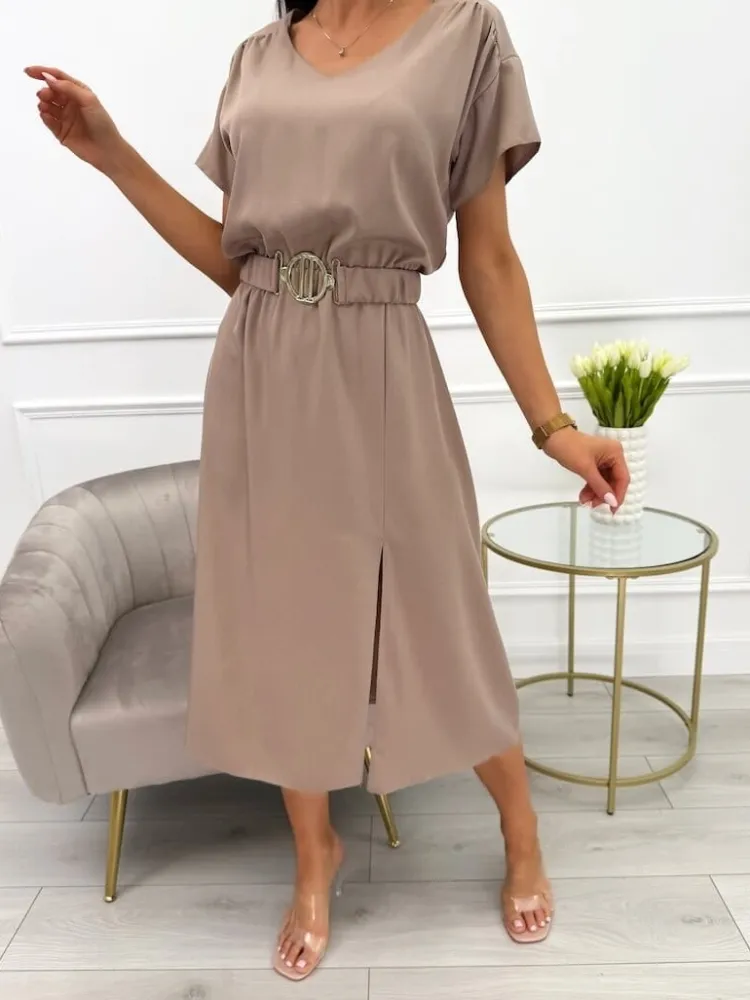 Brązowa Sukienka z Paskiem 12387-406-H|Modna Kiecka Discount