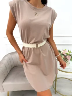 Brązowa Sukienka z Paskiem 14068-322-B|Modna Kiecka Clearance