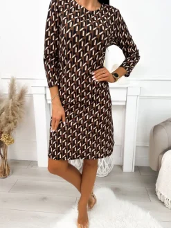 Brązowa Sukienka ze Wzorem 11659-283-A|Modna Kiecka Outlet