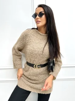 Brązowa Sweterkowa Sukienka/Tunika 13370-242-B|Modna Kiecka Fashion