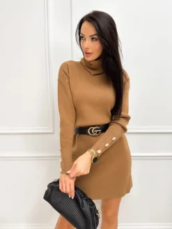 Brązowa Sweterkowa Sukienka z Golfem 13243-164-B|Modna Kiecka Online