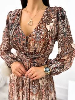 Brązowa Wzorzysta Sukienka Maxi 10854-275-Q|Modna Kiecka Discount