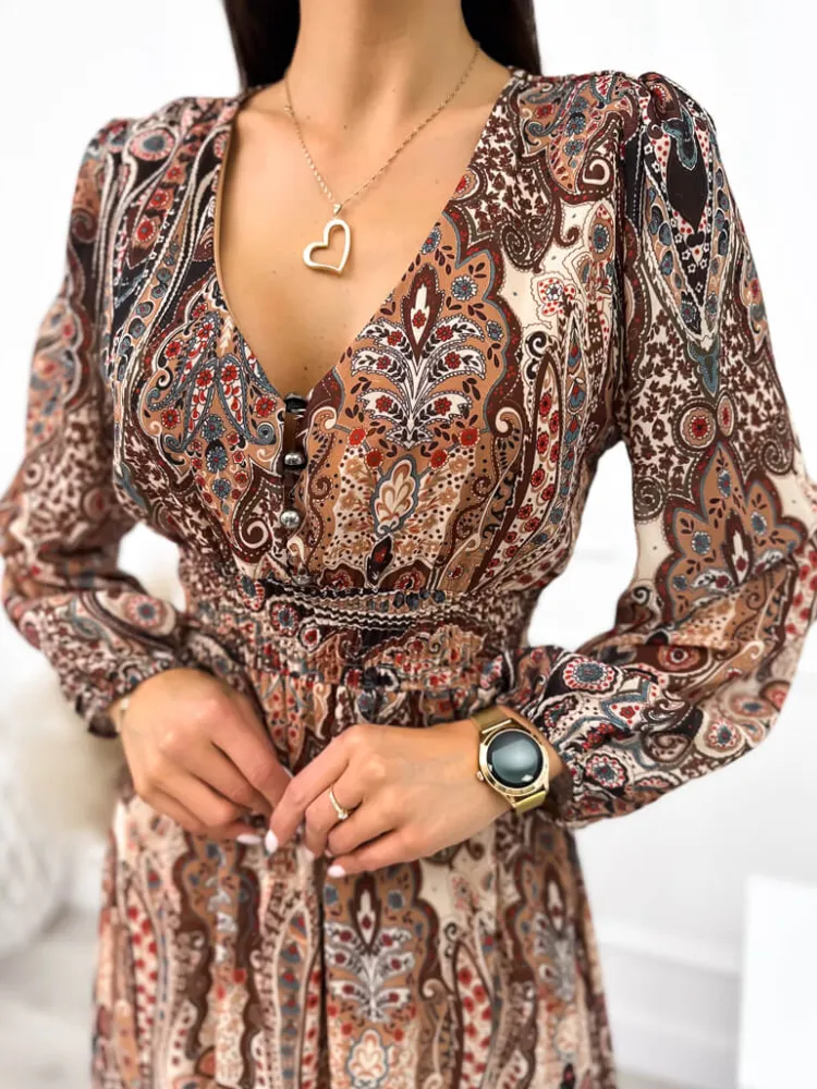 Brązowa Wzorzysta Sukienka Maxi 10854-275-Q|Modna Kiecka Discount