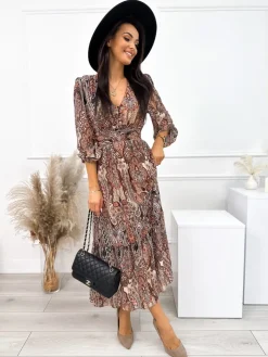 Brązowa Wzorzysta Sukienka Maxi 10854-275-Q|Modna Kiecka Discount