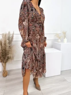 Brązowa Wzorzysta Sukienka Maxi 10854-275-Q|Modna Kiecka Discount