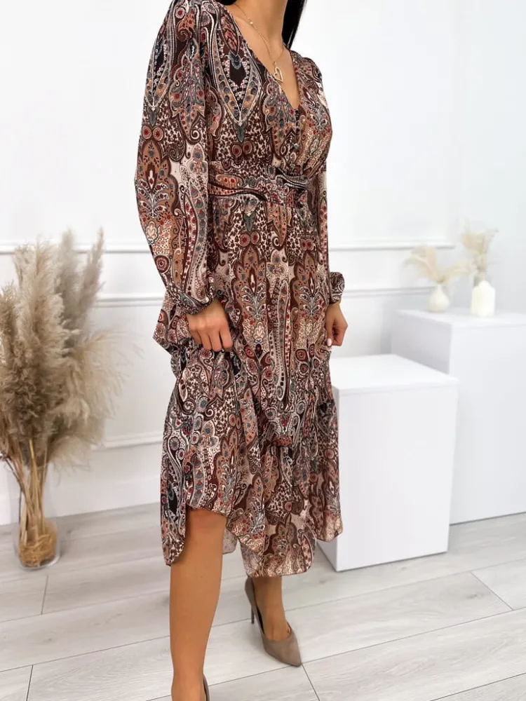 Brązowa Wzorzysta Sukienka Maxi 10854-275-Q|Modna Kiecka Discount