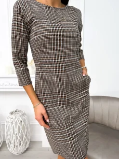 Brązowa Wzorzysta Sukienka z Kieszeniami 11217-258-Q|Modna Kiecka Fashion