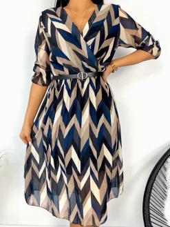 Brązowa Wzorzysta Sukienka 12174-241-Q|Modna Kiecka Fashion