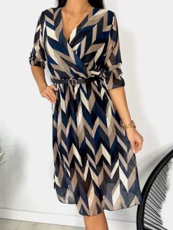 Brązowa Wzorzysta Sukienka 12174-241-Q|Modna Kiecka Fashion