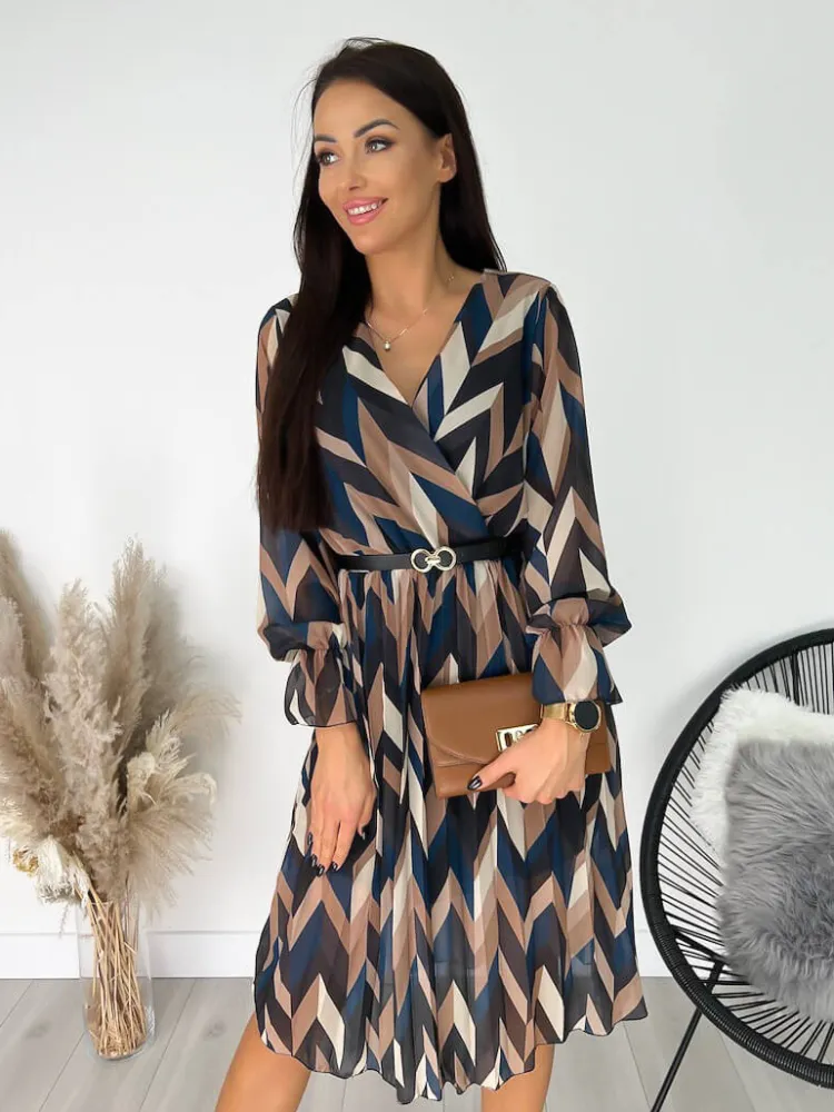 Brązowa Wzorzysta Sukienka 8788-137-Q|Modna Kiecka New