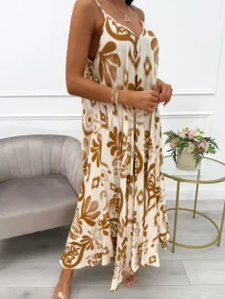 Brązowo-Beżowa Sukienka Oversize 14015-120-A|Modna Kiecka Sale
