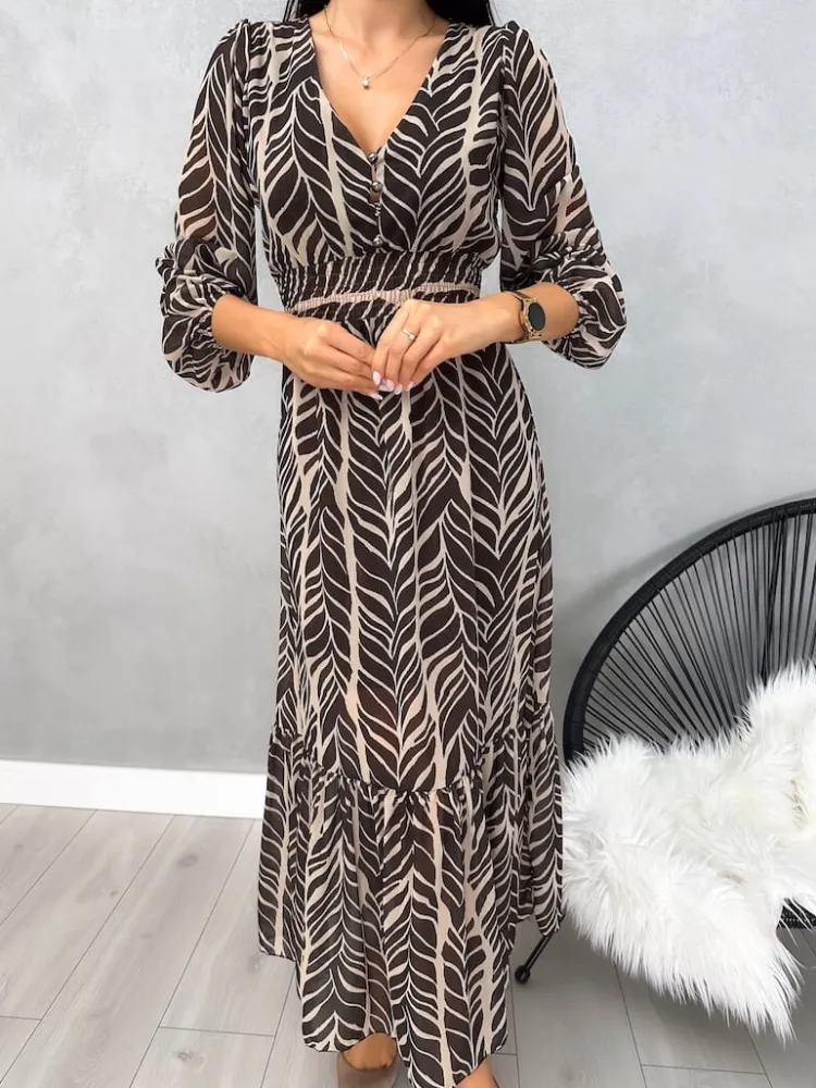 Brązowo-Beżowa Wzorzysta Sukienka Maxi 13140-351-A|Modna Kiecka Fashion