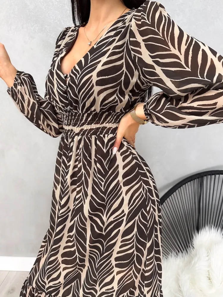 Brązowo-Beżowa Wzorzysta Sukienka Maxi 13140-351-A|Modna Kiecka Fashion