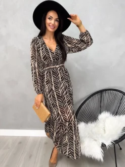 Brązowo-Beżowa Wzorzysta Sukienka Maxi 13140-351-A|Modna Kiecka Fashion