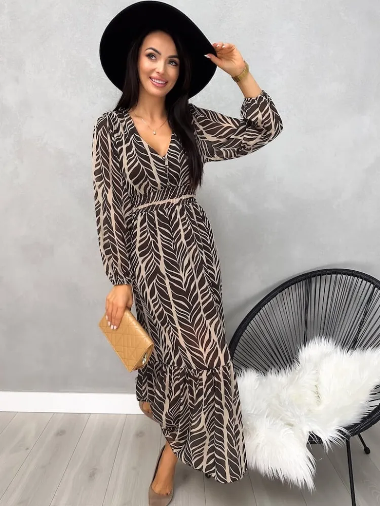 Brązowo-Beżowa Wzorzysta Sukienka Maxi 13140-351-A|Modna Kiecka Fashion