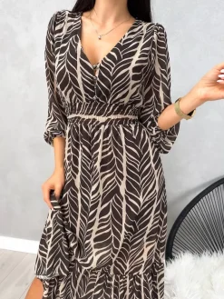 Brązowo-Beżowa Wzorzysta Sukienka Maxi 13140-351-A|Modna Kiecka Fashion