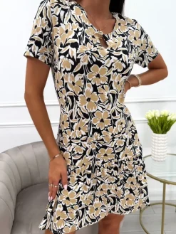 Brązowo-Czarna Sukienka z Motywem Roślinnym Plus Size 13974-330-Q|Modna Kiecka New