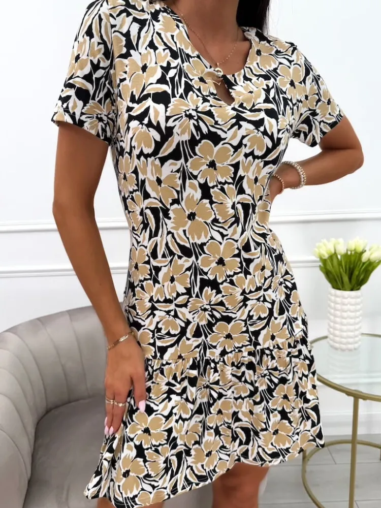 Brązowo-Czarna Sukienka z Motywem Roślinnym Plus Size 13974-330-Q|Modna Kiecka New