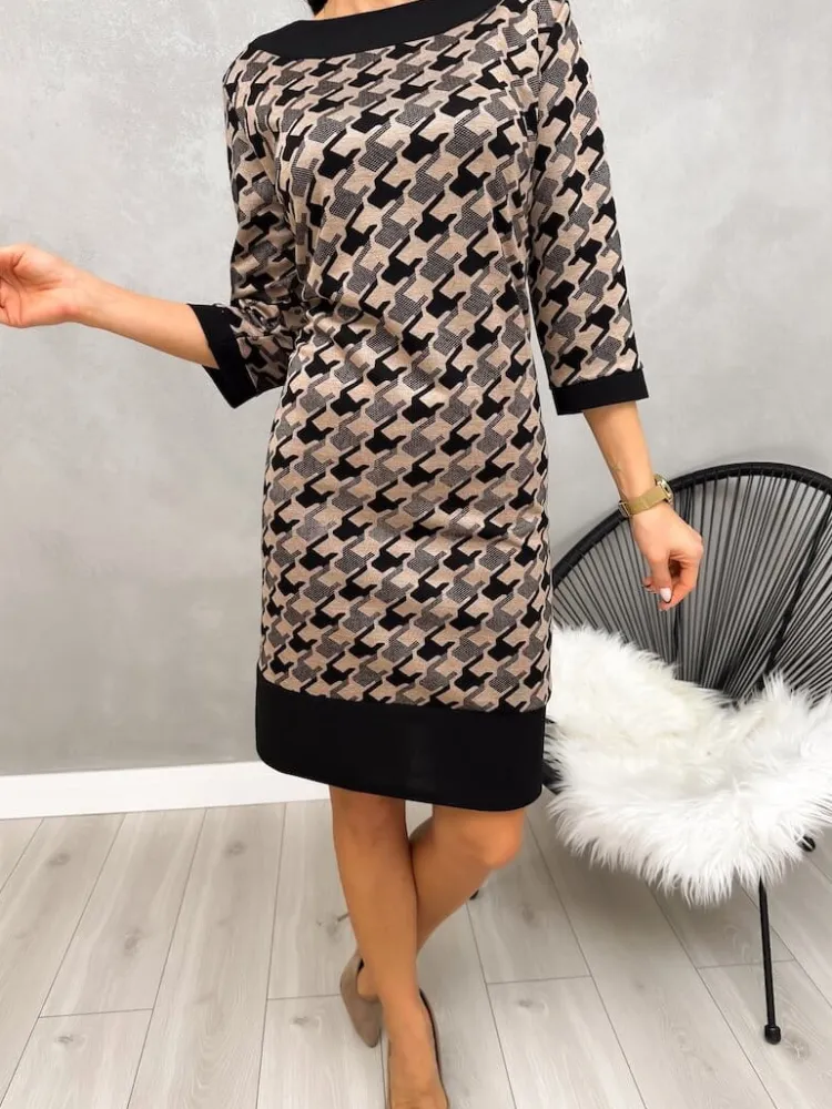 Brązowo-Czarna Sukienka ze Wzorem 13210-150-A|Modna Kiecka Hot