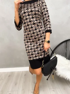 Brązowo-Czarna Sukienka ze Wzorem 13210-150-A|Modna Kiecka Hot