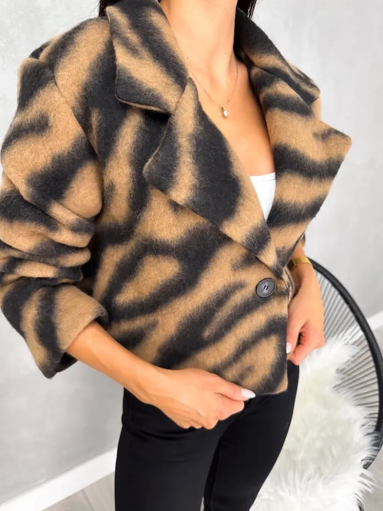 Brązowo-Czarny Krótki Płaszczyk 13154-348-A|Modna Kiecka Outlet