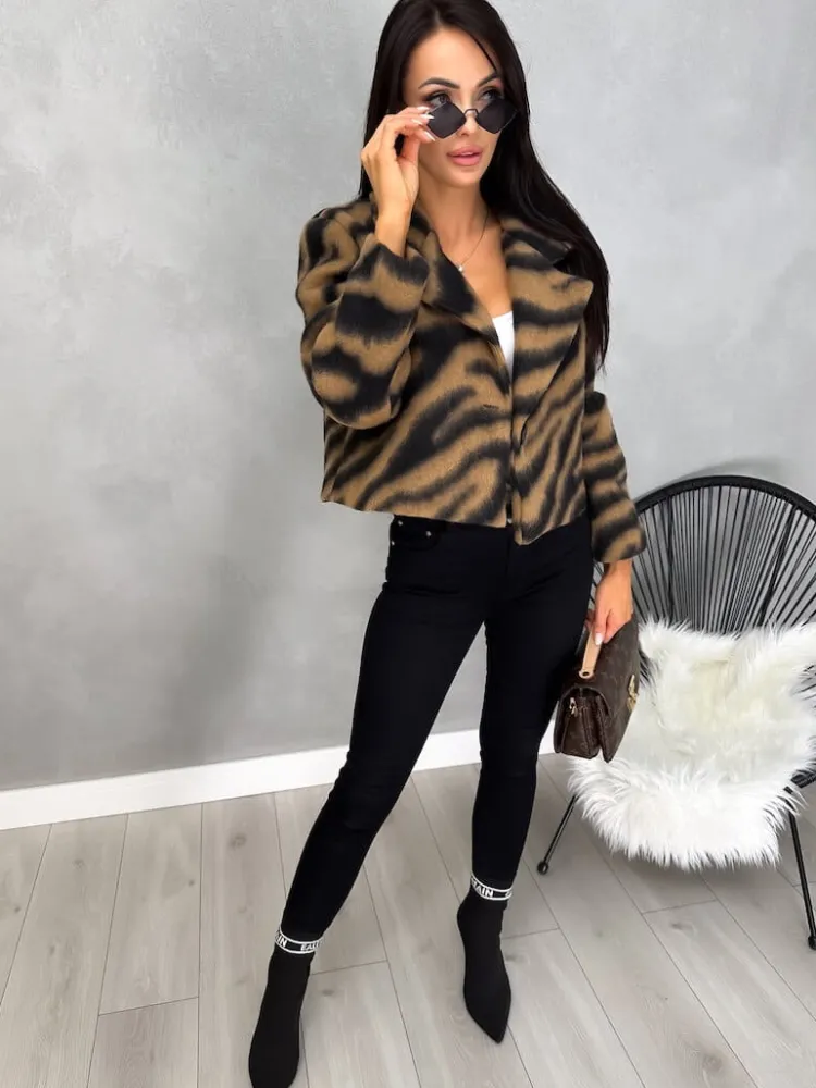 Brązowo-Czarny Krótki Płaszczyk 13154-348-A|Modna Kiecka Outlet