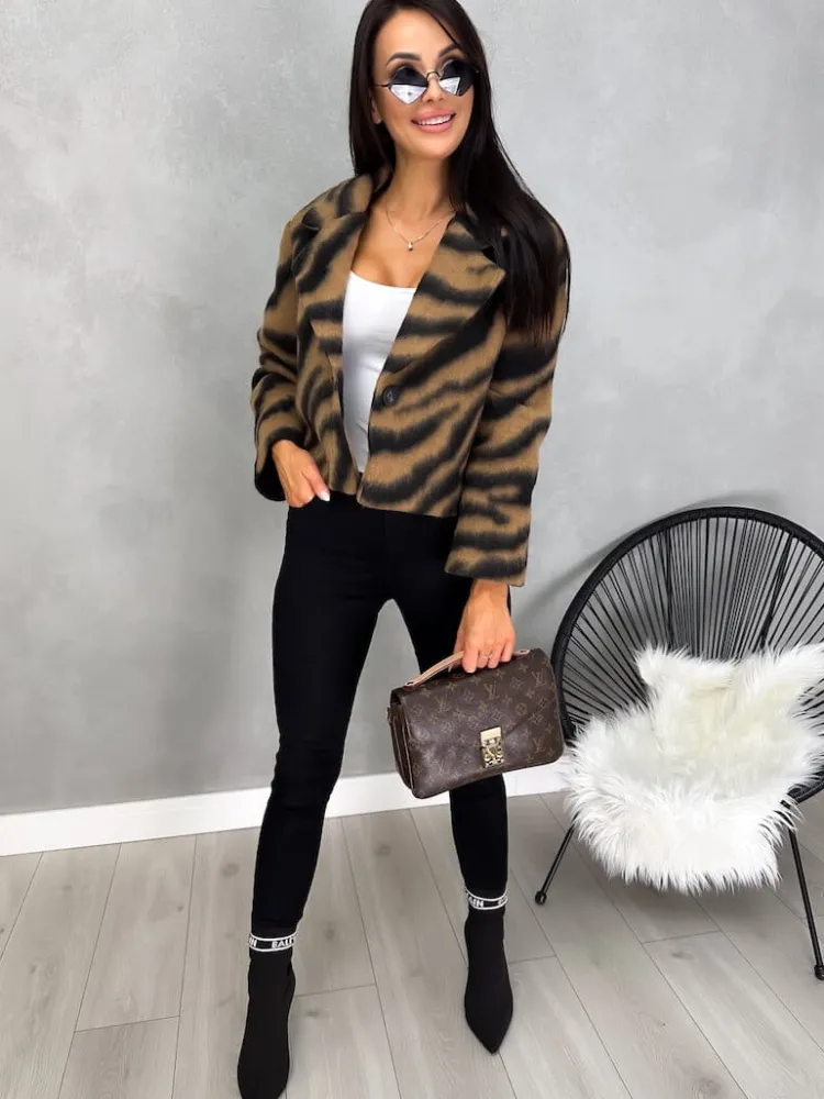 Brązowo-Czarny Krótki Płaszczyk 13154-348-A|Modna Kiecka Outlet