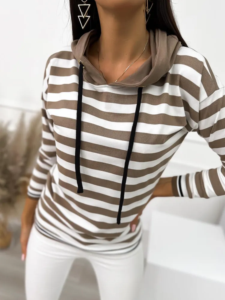 Brązowo-Kremowa Bluza w Paski 10490-417-Q|Modna Kiecka Fashion