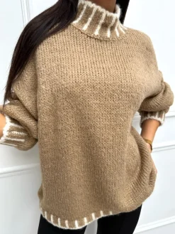 Brązowo-Kremowy Sweterek z Półgolfem 13359-138-B|Modna Kiecka Outlet