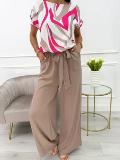Brązowy Kombinezon ze Wzorem i Paskiem 14006-125-Q|Modna Kiecka Fashion