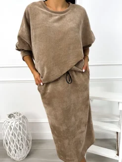 Brązowy Komplet Bluza + Spódnica 12836-302-C|Modna Kiecka Clearance