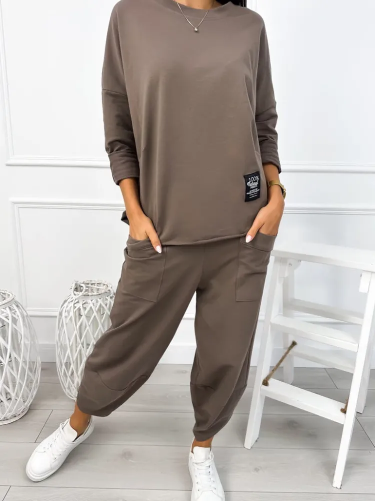 Brązowy Komplet Bluzka + Spodnie 12783-179-B|Modna Kiecka Discount