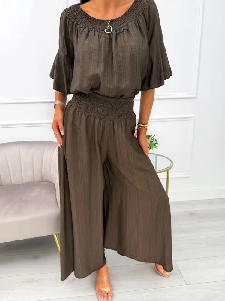 Brązowy Komplet Bluzka + Szerokie Spodnie 14104-427-B|Modna Kiecka Discount