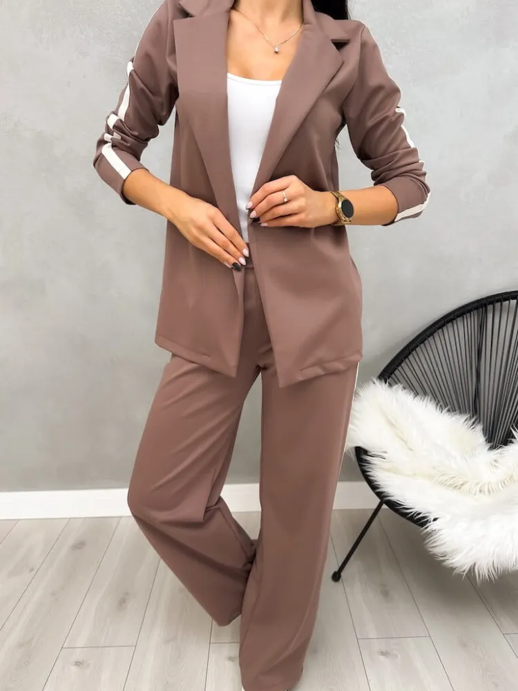 Brązowy Komplet Marynarka + Spodnie 12651-09-F|Modna Kiecka Outlet