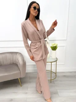 Brązowy Komplet Marynarka + Spodnie 9613-346-N|Modna Kiecka Outlet