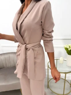Brązowy Komplet Marynarka + Spodnie 9613-346-N|Modna Kiecka Outlet