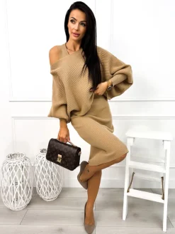 Brązowy Komplet Sweterek + Sukienka 13034-96-B|Modna Kiecka Fashion