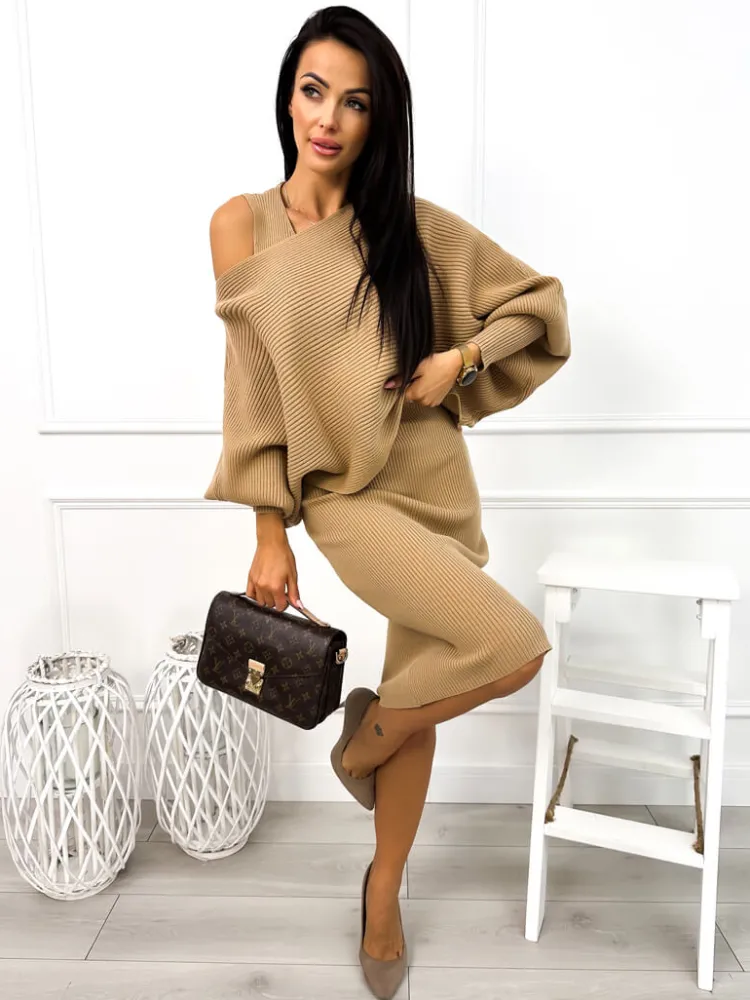 Brązowy Komplet Sweterek + Sukienka 13034-96-B|Modna Kiecka Fashion
