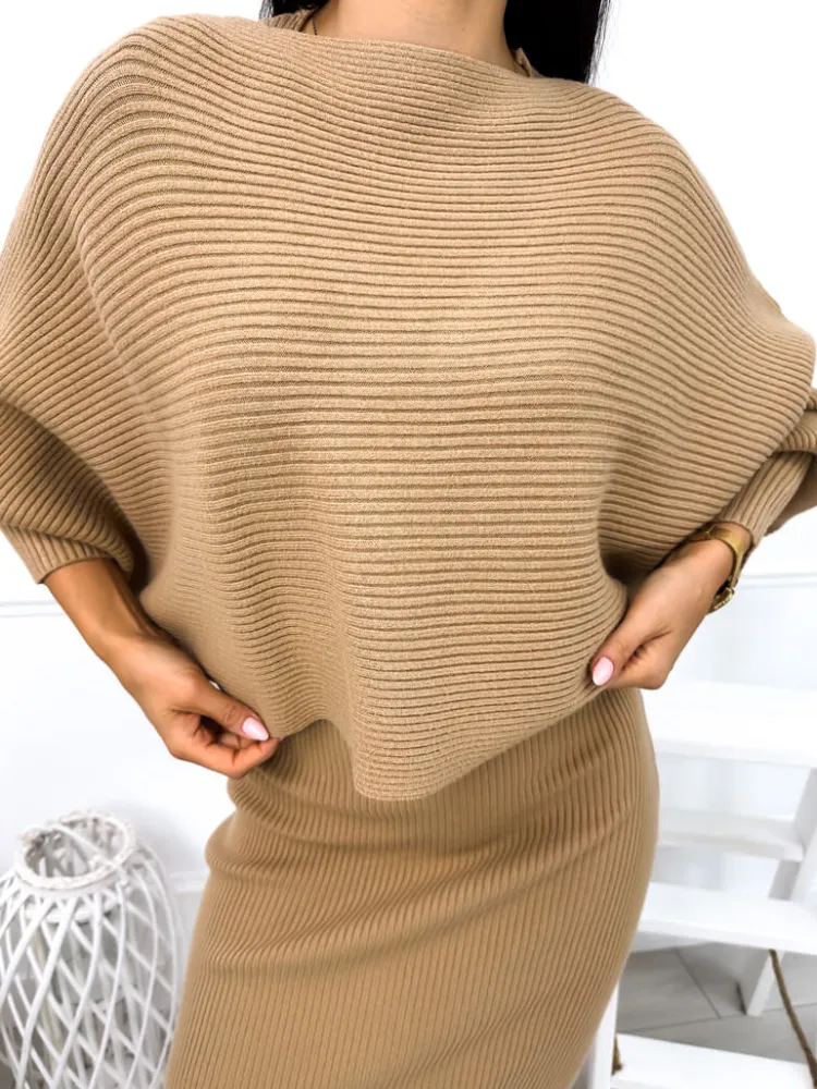 Brązowy Komplet Sweterek + Sukienka 13034-96-B|Modna Kiecka Fashion