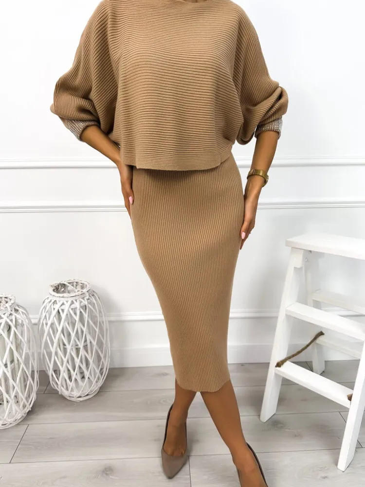 Brązowy Komplet Sweterek+Sukienka 12996-349-C|Modna Kiecka Sale