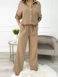 Brązowy Luźny Komplet Koszula+Spodnie 10036-205-B|Modna Kiecka Discount