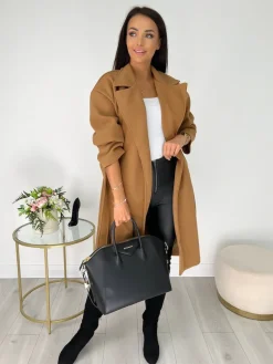 Brązowy Płaszcz z Paskiem 6892-137-C|Modna Kiecka Online